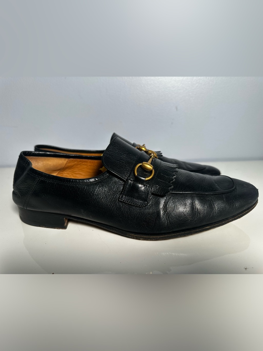 GUCCI Horsebit Collapsible Fringe Loafers shoes Black Leather Men’s 11